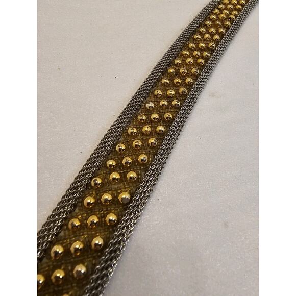 Vintage USMECO Silver Woven Mesh Metal Braided Studded Leather Belt w/gold Bead - Picture 6 of 14